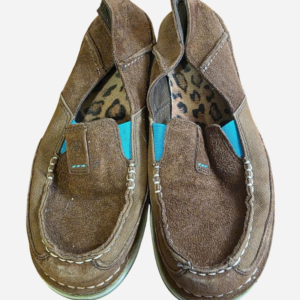 Ariat Brown suede loafers with leopard print lining and blue accents